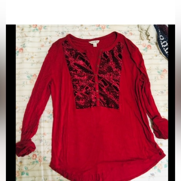 Red/Burgundy Velvet Lucky Brand Long Sleeve Blouse - Picture 9 of 12